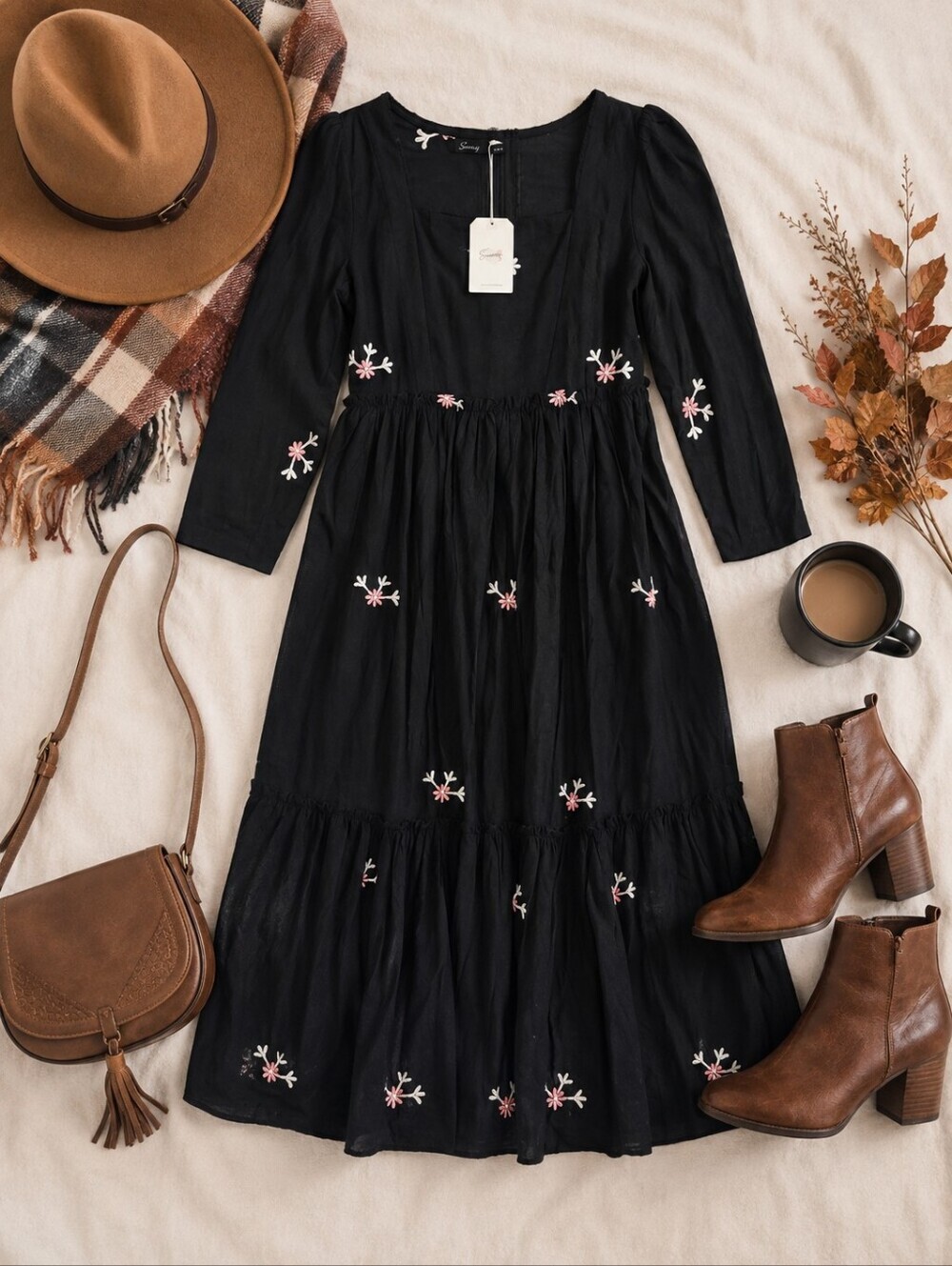 Sowears NWT modest Black W/embroydered Pink Flowers Tiered Maxi Dress. S